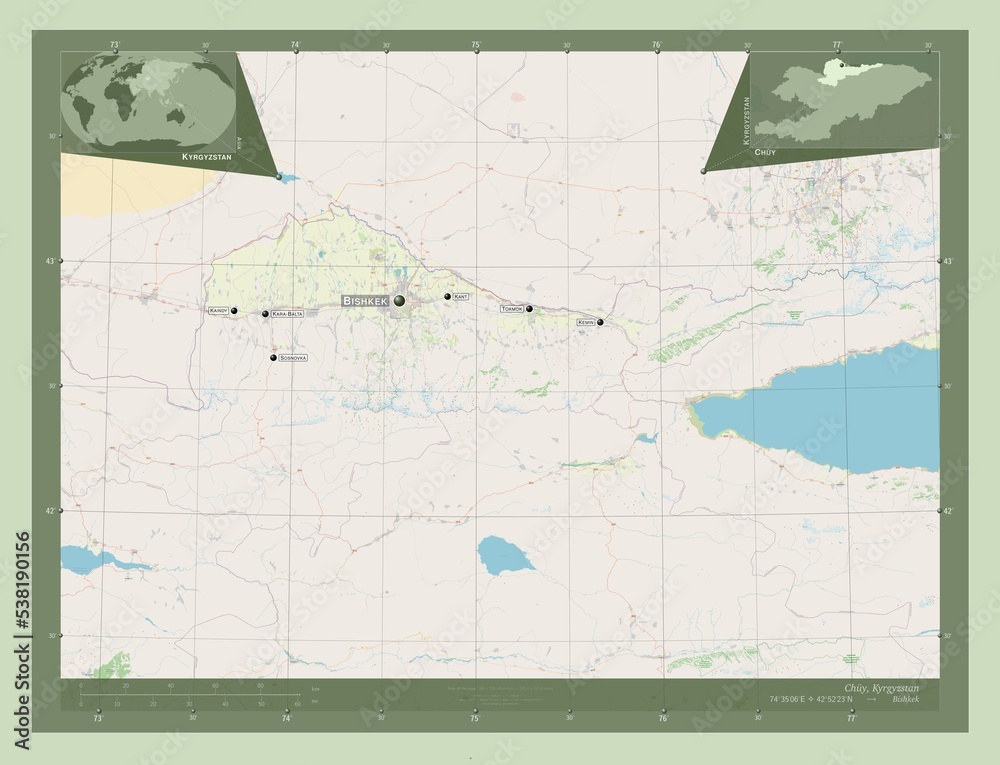 Fototapeta premium Chuy, Kyrgyzstan. OSM. Labelled points of cities