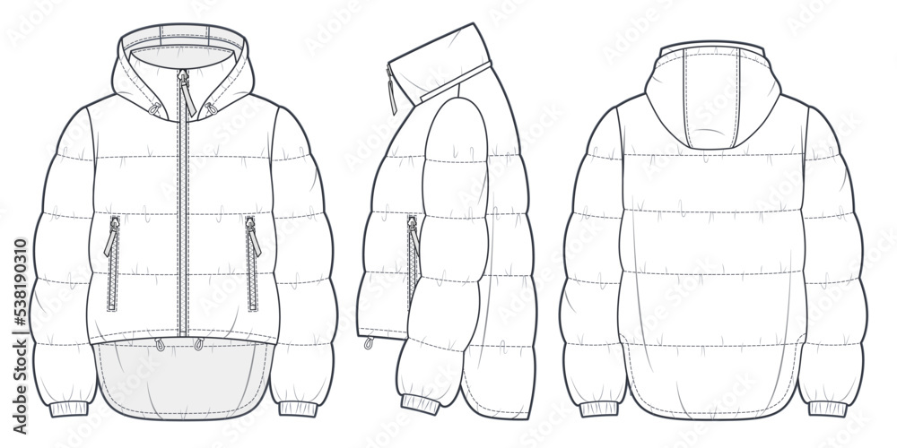 Hooded Puffer Jacket technical fashion Illustration. Unisex Down Jacket ...