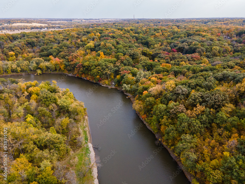 Beautiful Ariel Drone River in Autumn Midwestern Fall Colorful Trees