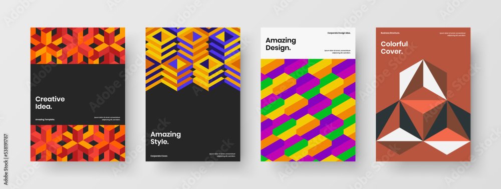 Fresh mosaic tiles corporate brochure concept bundle. Creative poster A4 design vector template collection.