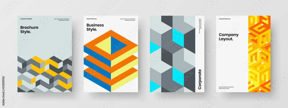 Trendy mosaic hexagons magazine cover concept composition. Colorful company identity A4 design vector template bundle.