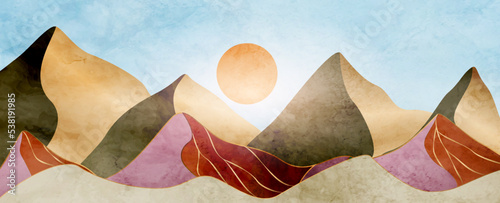 Luxury abstract art background with mountains and hills in a watercolor style with golden line elements. Vector banner in modern style for decoration, print, wallpaper, packaging, textile.