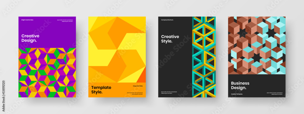 Obraz premium Unique pamphlet A4 vector design concept bundle. Amazing mosaic pattern front page layout set.