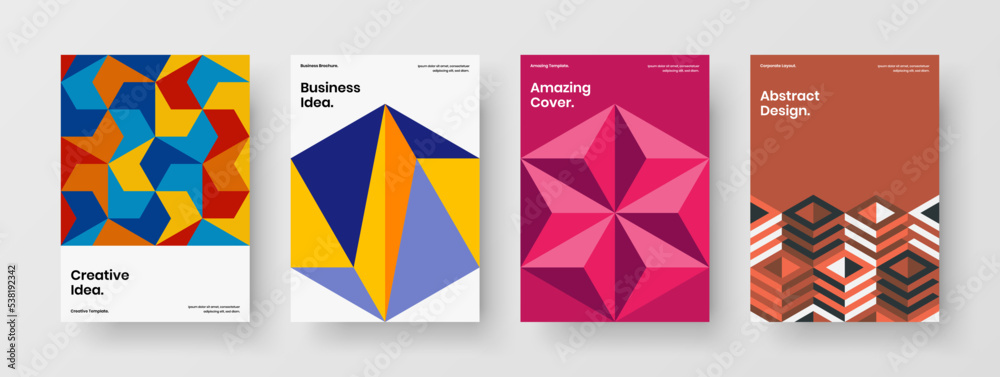 Creative geometric hexagons company brochure concept bundle. Vivid leaflet vector design illustration collection. Creative geometric hexagons company brochure concept bundle. Vivid leaflet vector design illustration collection.