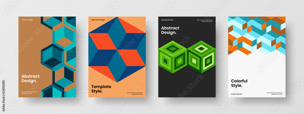Abstract magazine cover vector design concept set. Minimalistic geometric pattern front page layout bundle.