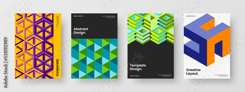 Amazing magazine cover A4 design vector concept set. Vivid geometric tiles booklet layout bundle.