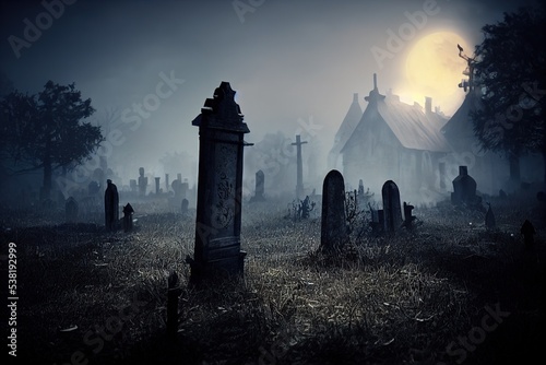 This is a 3D illustration of a haunted Graveyard based around Halloween.
