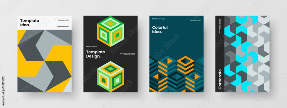 Minimalistic poster design vector concept set. Premium mosaic shapes leaflet layout collection.