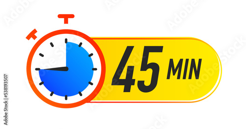 Timer icon 45 minutes vector colorful style. Clock, stopwatch isolated on white background. Cooking time label. EPS 10