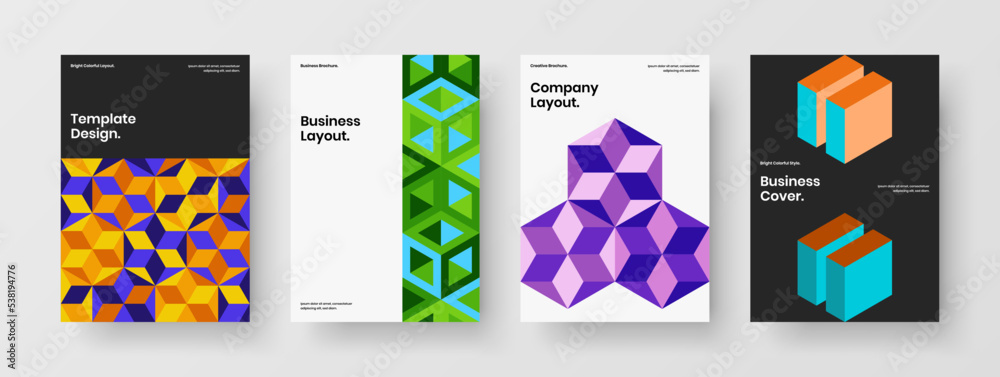 Multicolored geometric shapes corporate identity concept set. Modern book cover design vector illustration composition.