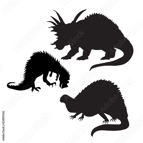 Dinosaur silhouette. Dinosaurs and Jurassic dino monsters icons. Vector silhouette of triceratops or T-rex, brontosaurus and stegosaurus, ceratosaurus and parasaurolophus reptile