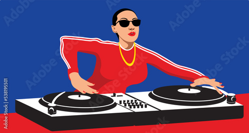 Dj in club. Young girl teen cartoon character standing and making musical mix with special equipment vector illustration