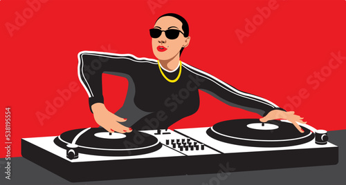Dj in club. Young girl teen cartoon character standing and making musical mix with special equipment vector illustration