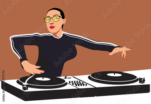 Dj in club. Young girl teen cartoon character standing and making musical mix with special equipment vector illustration