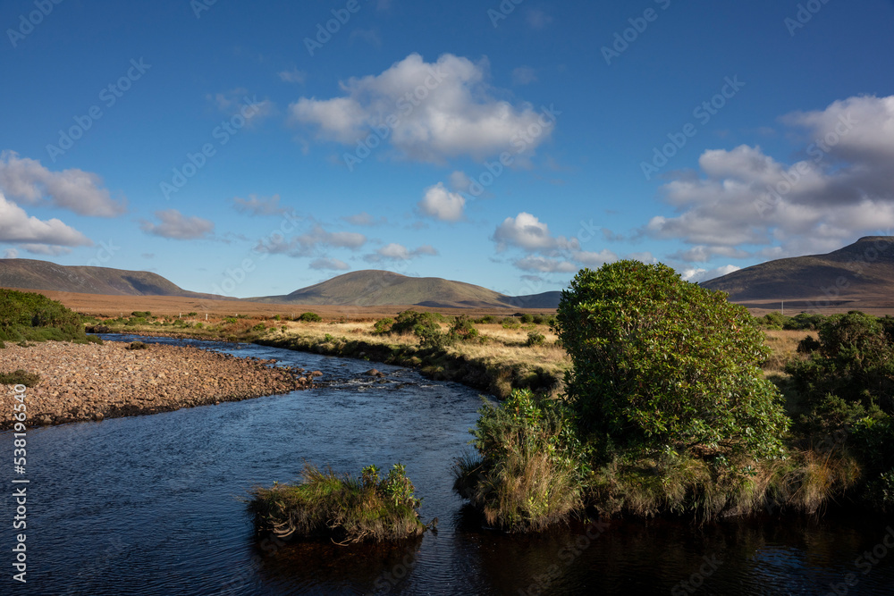 The Owenduff River, impressive landscape of the vast and remote peatlands at the edge of Wild Nephin National Park, co. Mayo, Ireland.