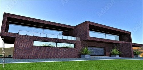 A freshly cut meadow in front of a garage of modern luxury housing. Aluminum lifting gates. Finishing the facade of the house with red glossy brick. 3d rendering.