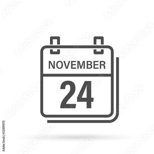 November 24, Calendar icon with shadow. Day, month. Flat vector illustration.