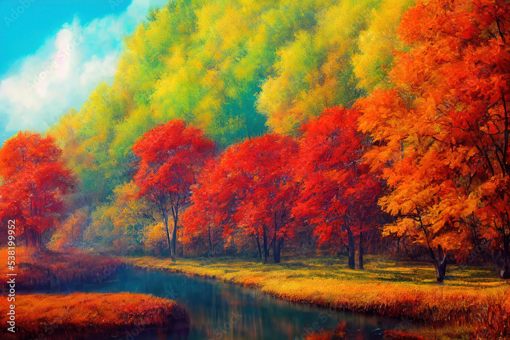 Illustration of autumn nature with trees, atmospheric, bright colors, 3d illustration