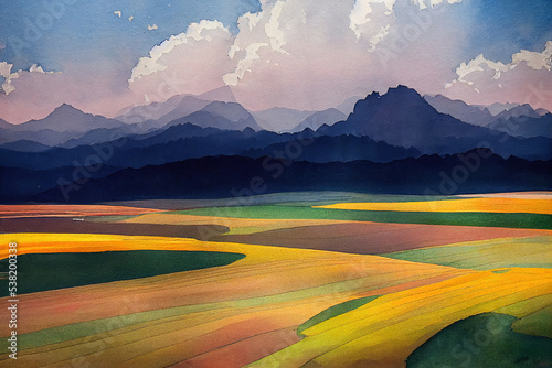 Vibrant watercolor atmospheric nature landscape with sky and mountains