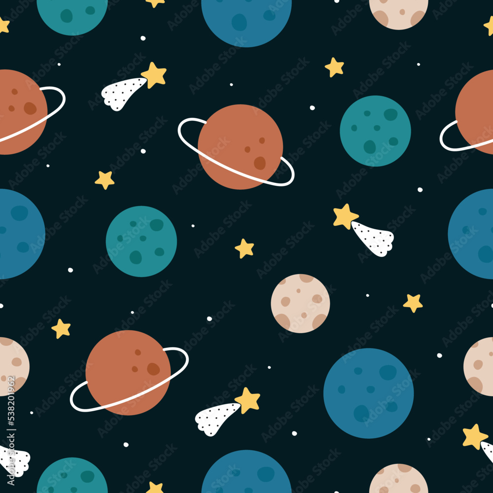 Fototapeta premium Seamless pattern with planets. Vector illustration in cartoon style. For card, posters, banners, printing on the pack, printing on clothes, fabric, wallpaper.ка и иллюстрации