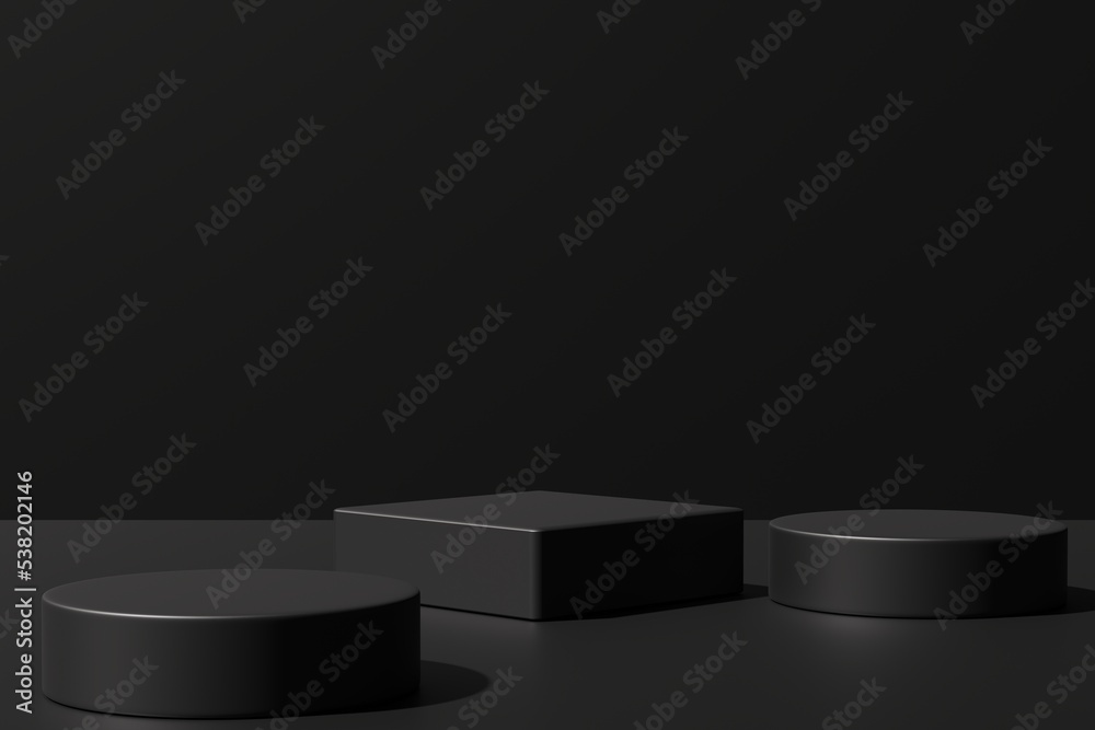 Three podiums on a black background, 3d render Three podiums on a black background, 3d render