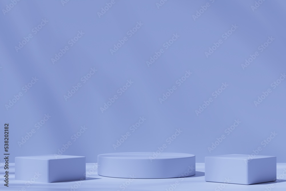 Three round and square podiums on a blue background with shadows, 3d render Three round and square podiums on a blue background with shadows, 3d render