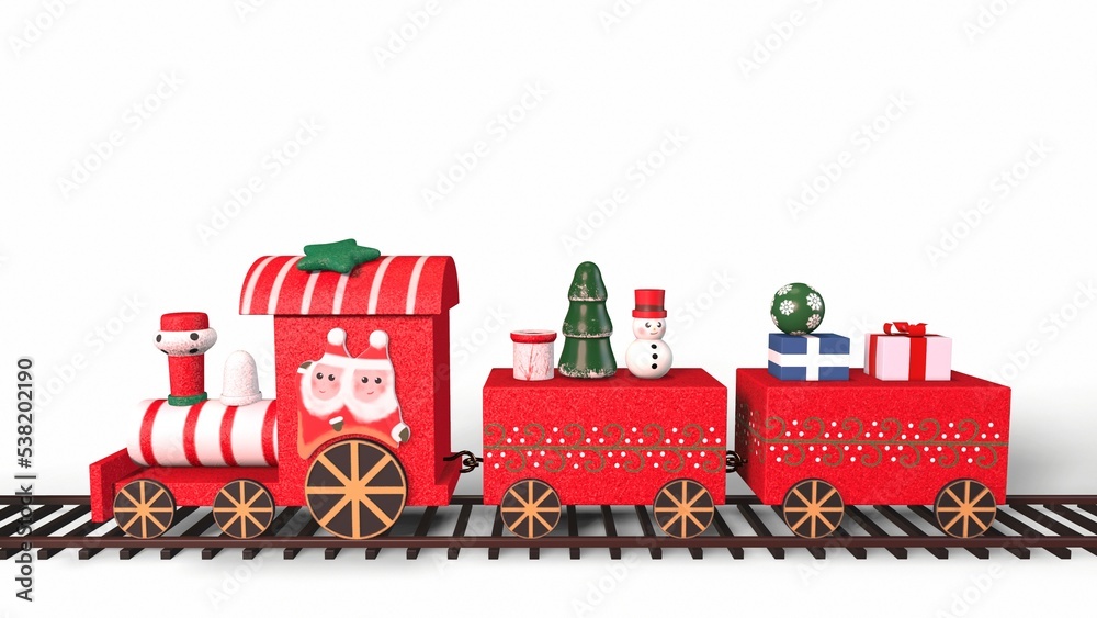 Christmas Train toy model carry snowman and gifts isolated on white background 3d-rendering