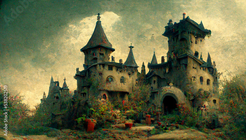 scary castle full of pumpkins on a halloween night children's illustration