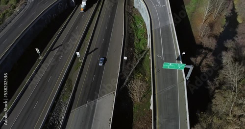 Sweeping drone shot overlooking city highway. Medford, Oregon.