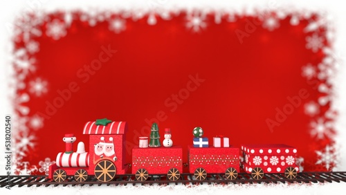 Christmas train on the background of blurred New Year snowflakes 3d-rendering