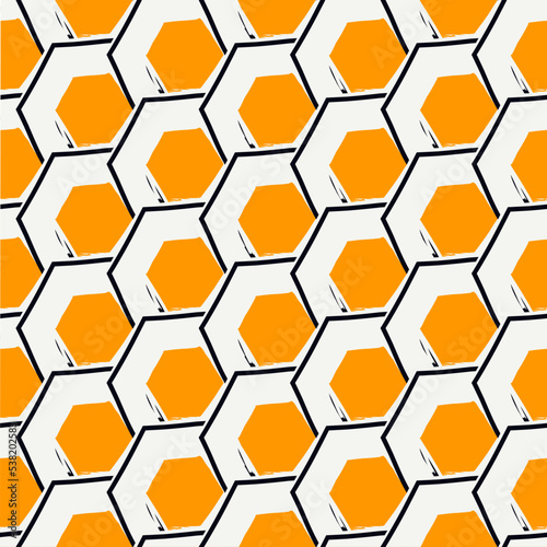 Paint brush hexagons. Hand drawn honeycombs background. Hexahedrons wallpaper. Hives motif. Geometric backdrop. Ethnic digital paper. Web designing. Textile print. Seamless pattern