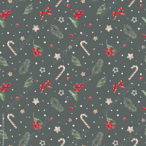 New Year s dark-green pattern with branches and branches  watercolor illustrations