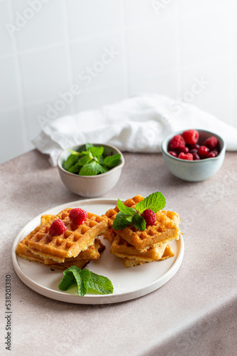 waffles with raspberries and mint