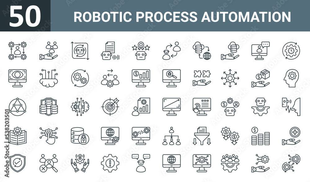 set of 50 outline web robotic process automation icons such as workflow ...