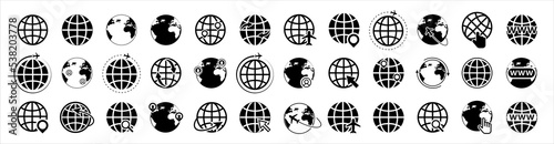 Search bar elements and globes icons set. WWW, search, globe, cursor. Vector illustration.