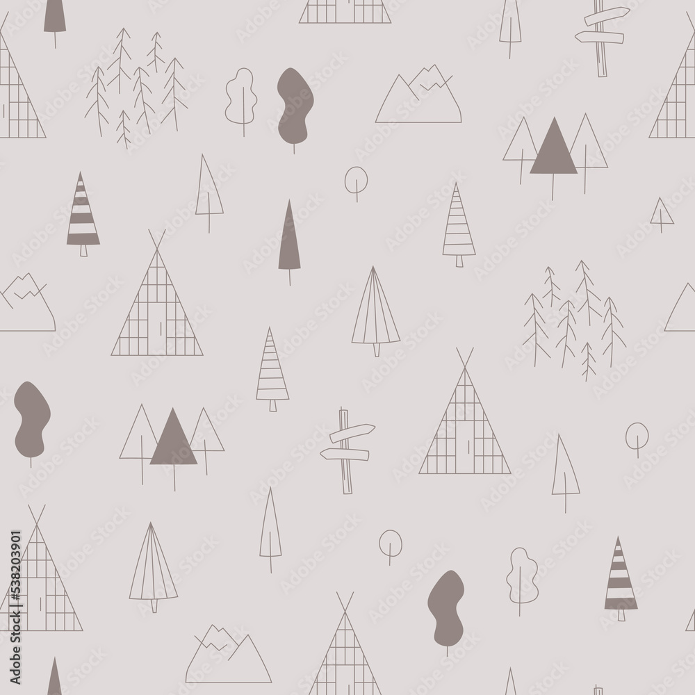 Simple seamless forest pattern with line homes, trees for wrap, web design, eco friendly products. Glamping tent, house in the wood. Line vector illustrations Simple seamless forest pattern with line homes, trees for wrap, web design, eco friendly products. Glamping tent, house in the wood. Line vector illustrations