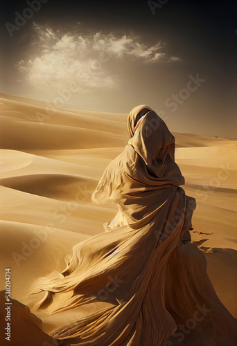 Desert queen walking in an endless expanse of sand