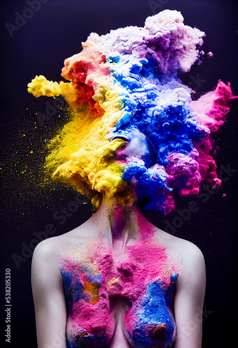 Portrait of a woman on a black background in an explosion of multicolored powder, 3d artitistic illustration photo