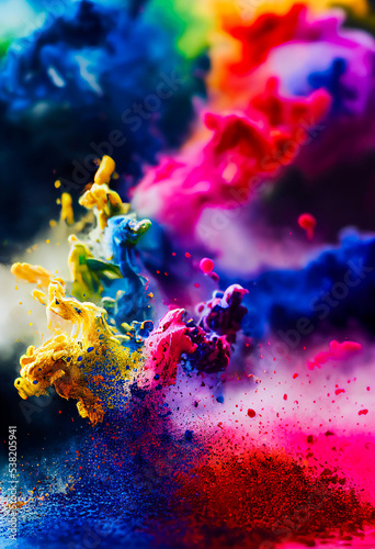 Freeze frame of a total explosion of powder or multicolored fluid, 3d artitistic illustration photo