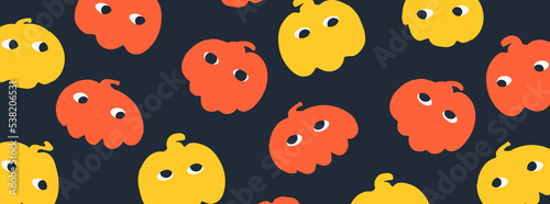 Halloween abstract background with red and yellow eyed pumpkins . Vector illustration in simple flat style. Web banner template. Childish spooky elements