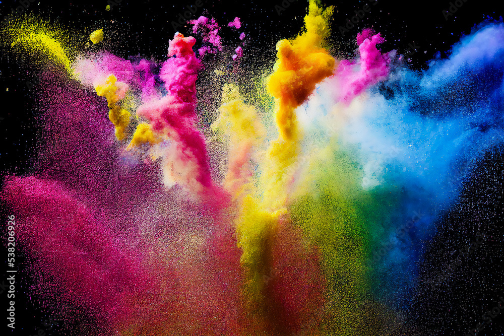 Multicolor powder explosion on black background, rainbow flag, dynamic and abstract in 3d illustration