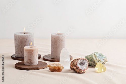 Healing reiki chakra crystals therapy. Alternative rituals with gemstones for wellbeing, meditation, destress, relaxation, mental health, spiritual practices. Energetical power concept photo