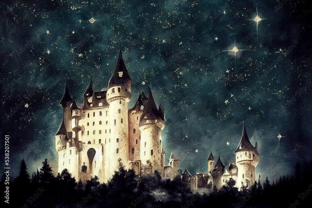 Fairy-tale castle on the background of the night starry sky Fairy-tale castle on the background of the night starry sky