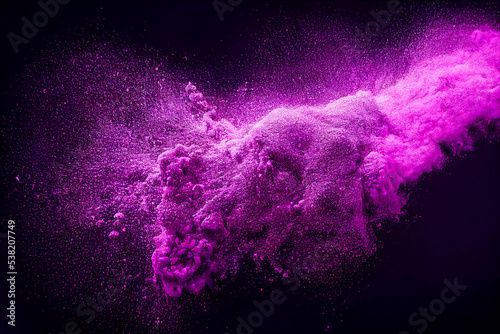 Purple powder explosion on black background, minimalist, freeze frame of the movement in 3d illustration