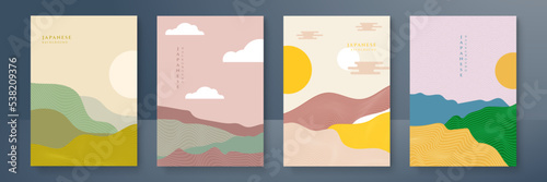 Japanese background with line texture, mountain, sun and circle shape vector. Moon and sun with abstract line pattern. Template design with geometric pattern with black texture.