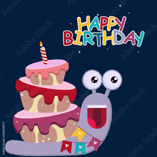 Happy Birthday card design a cute Snail with a Cake and Candle
