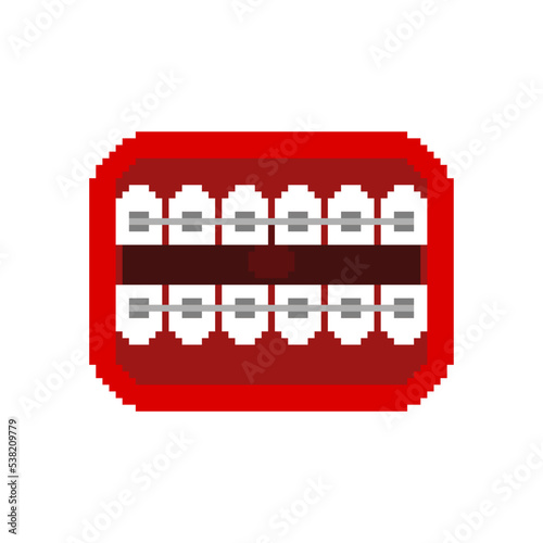 Mouth with braces Pixel art. 8 bit correction of occlusion and crooked teeth. pixelated Vector illustration