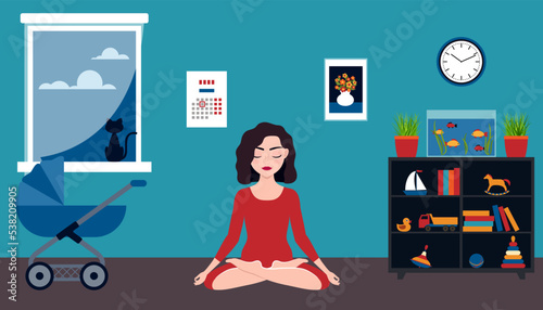 A young mother meditates at home with her eyes closed. A woman does yoga in an apartment. Vector illustration.