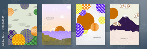 Geometric template in traditional Japan style, modern abstract covers set. Template for flyers, banners, brochures. Landscape background with Japanese pattern.Asian poster design. Vector illustration.