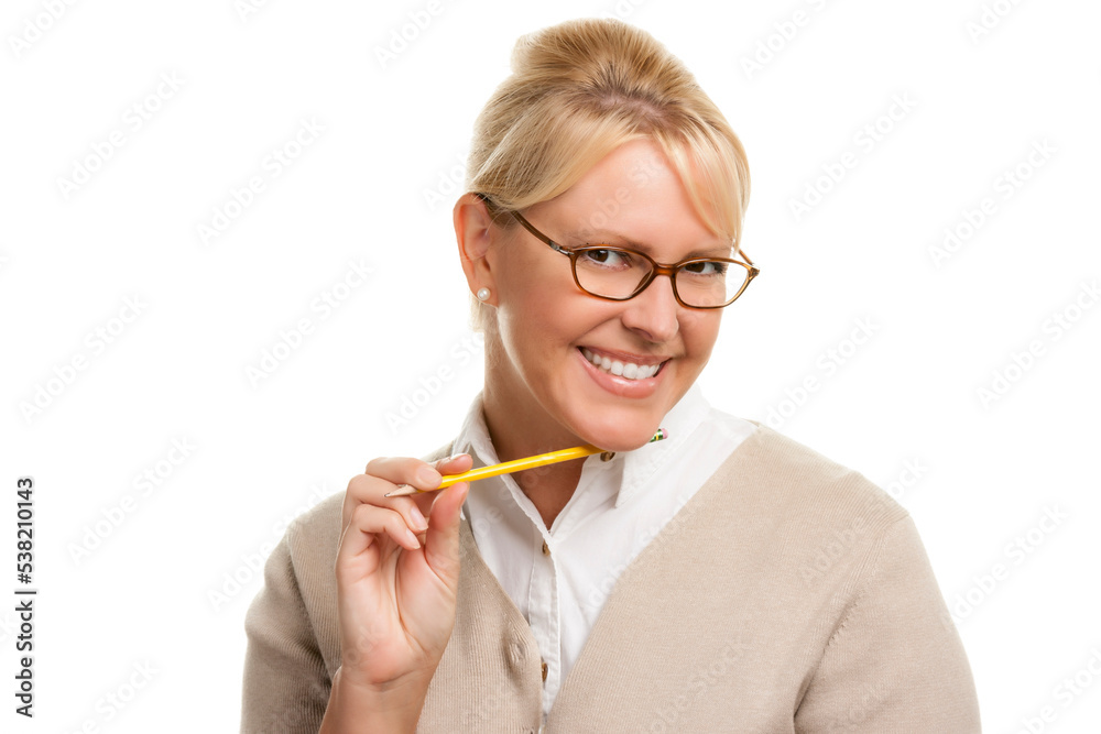Friendly Businesswoman Holding a Pencil Isolated on White Friendly Businesswoman Holding a Pencil Isolated on White